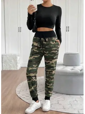 Kadın Yüksek Bel Bağcıklı Desenli Iki Iplik Pantolon