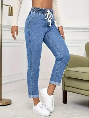 Kadın Yüksek Bel Bağcıklı Kot Pantolon