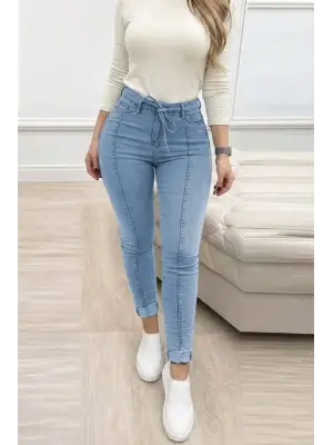 Kadın Yüksek Bel Belden Kuşaklı Yırtık Detaylı Kot Pantolon