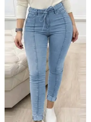 Kadın Yüksek Bel Belden Kuşaklı Yırtık Detaylı Kot Pantolon