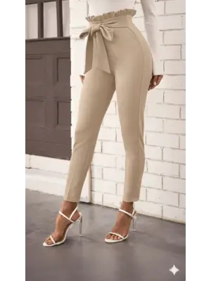 Kadın Yüksek Bel Beli Fırfırlı önden Bağlamalı Ithal Krep Pantolon