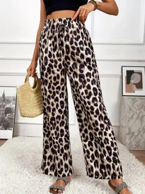 Kadın Yüksek Bel Beli Lastikli Bağcıklı Leopar Desenli Süprem Pantolon