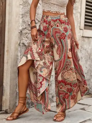 Kadın Yüksek Bel Beli Lastikli Desenli Geniş Paçalı Süprem Pantolon