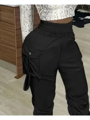 Kadın Yüksek Bel Beli Lastikli Kargo Cep Detaylı Gabardin Pantolon