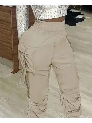 Kadın Yüksek Bel Beli Lastikli Kargo Cep Detaylı Gabardin Pantolon