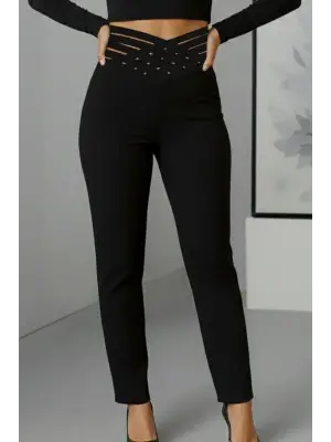 Kadın Yüksek Bel çapraz şerit Detaylı Ithal Krep Pantolon