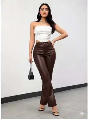 Kadın Yüksek Bel Cepli Deri Pantolon