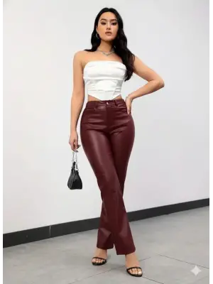 Kadın Yüksek Bel Cepli Deri Pantolon
