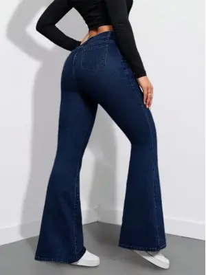 Modern Yüksek Bel Cepli İspanyol Paçalı Kot Pantolon