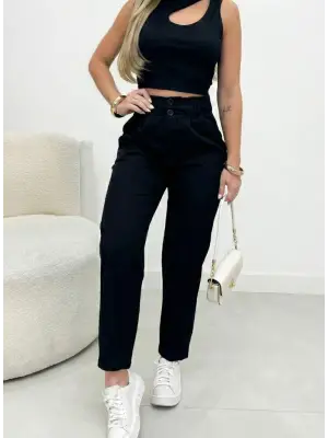 Kadın Yüksek Bel Cepli Paça Ağzı Pile Detaylı Ithal Krep Pantolon