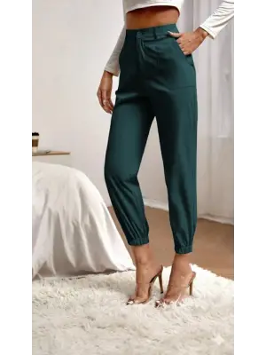 Kadın Yüksek Bel Cepli Paçası Lastikli Ithal Krep Pantolon