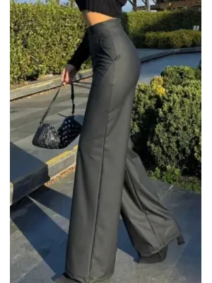 Kadın Yüksek Bel Cepli şardonlu Geniş Paçalı Mat Deri Pantolon
