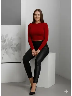 Kadın Yüksek Bel Deri Detaylı Fermuarlı Dalgıç Tayt