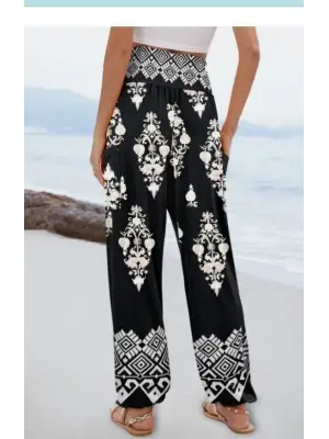Kadın Yüksek Bel Desenli Lastikli Süprem Pantolon