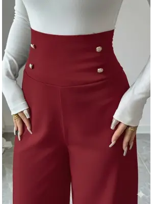 Kadın Yüksek Bel Düğmeli Geniş Paçalı Ithal Krep Pantolon