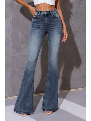 Kadın Yüksek Bel Fermuarlı İspanyol Paçalı Kot Pantolon