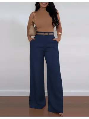 Kadın Yüksek Bel Geniş Paça Detaylı Cepli Ithal Krep Pantolon