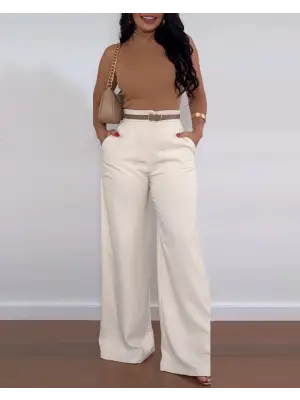 Kadın Yüksek Bel Geniş Paça Detaylı Cepli Ithal Krep Pantolon