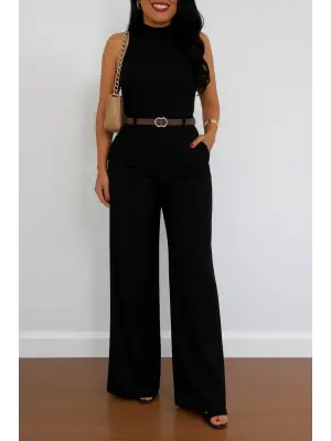 Kadın Yüksek Bel Geniş Paça Detaylı Cepli Ithal Krep Pantolon