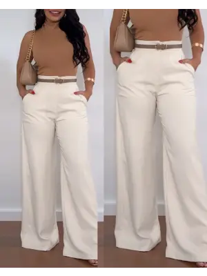 Kadın Yüksek Bel Geniş Paça Detaylı Cepli Ithal Krep Pantolon