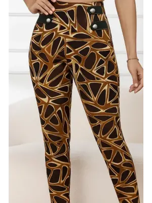 Kadın Yüksek Bel Kaz Ayağı Desenli Yan şerit Düğme Detaylı Dalgıç Pantolon