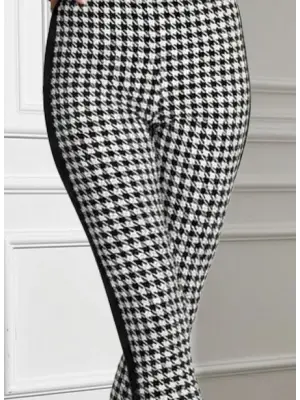 Kadın Yüksek Bel Kaz Ayağı Desenli Yanları şeritli Dalgıç Pantolon