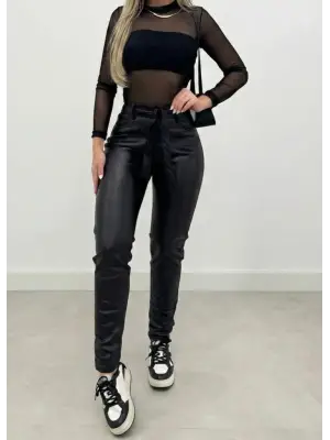 Kadın Yüksek Bel Kuşaklı Deri Pantolon