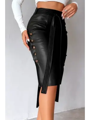 Kadın Yüksek Bel Kuşaklı Yanlardan Düğmeli Mini Deri Etek