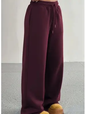 Kadın Yüksek Bel Lastikli Bağcıklı Geniş Kesim Dalgıç Mürdüm Pantolon