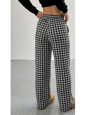 Kadın Yüksek Bel Lastikli Bağcıklı Geniş Kesim Kazayağı Dalgıç Pantolon