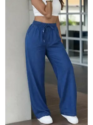 Kadın Yüksek Bel Lastikli Bağcıklı Kot Pantolon