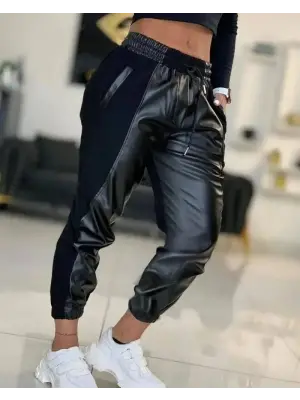 Kadın Yüksek Bel Lastikli Cepli Deri Detaylı Dalgıç Pantolon