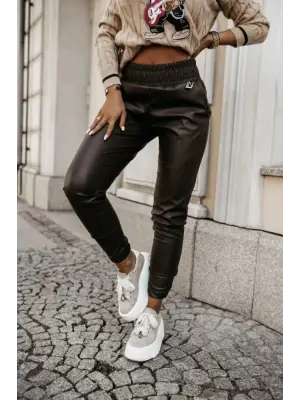 Kadın Yüksek Bel Lastikli Cepli Deri Pantolon