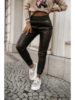 Kadın Yüksek Bel Lastikli Cepli Deri Pantolon