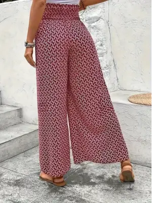 Kadın Yüksek Bel Lastikli önden Iki Parçalı Desenli Bürümcük Pantolon