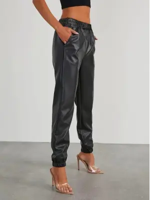 Kadın Yüksek Bel Lastikli önü Düğmeli Deri Pantolon