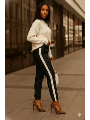 Kadın Yüksek Bel Lastikli Yan şerit Detaylı Deri Pantolon