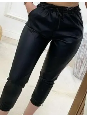 Kadın Yüksek Bel Lastikli Yan şerit Detaylı Deri Pantolon