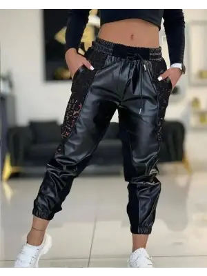 Kadın Yüksek Bel Lastikli Yanda Dantel Detaylı Bağcıklı Deri Pantolon