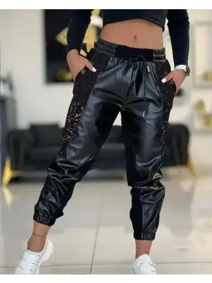 Kadın Yüksek Bel Lastikli Yanda Dantel Detaylı Bağcıklı Deri Pantolon