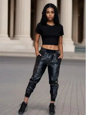 Kadın Yüksek Bel Lastikli Yanda Dantel Detaylı Bağcıklı Deri Pantolon