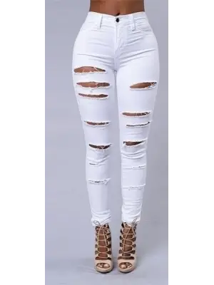 Kadın Yüksek Bel Lazer Yırtık Desenli Kot Pantolon