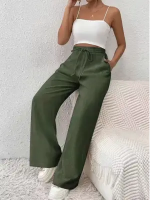Kadın Yüksek Bel önden Bağlamalı Geniş Kesim Detaylı Uzun Pantolon