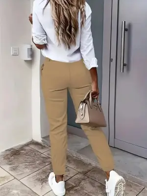 Kadın Yüksek Bel önden Düğmeli Cepli Bilek Lastik Detay Atlas Pantolon