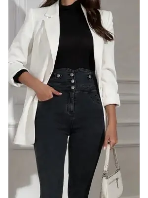 Kadın Yüksek Bel önden Düğmeli Cepli Dar Kesim Detaylı Kot Pantolon