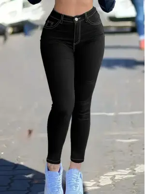 Kadın Yüksek Bel Düğmeli Dar Kesim Kot Pantolon