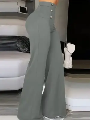 Kadın Yüksek Bel önden Düğmeli Uzun Paçaya Doğru Geniş Ithal Krep Pantolon
