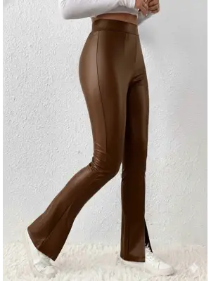 Kadın Yüksek Bel önden Yırtmaçlı Deri Tayt