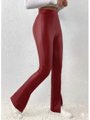 Kadın Yüksek Bel önden Yırtmaçlı Deri Tayt