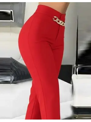 Kadın Yüksek Bel önden Zincir Detaylı Ithal Krep Pantolon